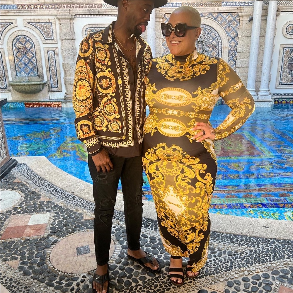 Fashion Nova Black and Gold Baroque Long Sleeve Bodycon Dress